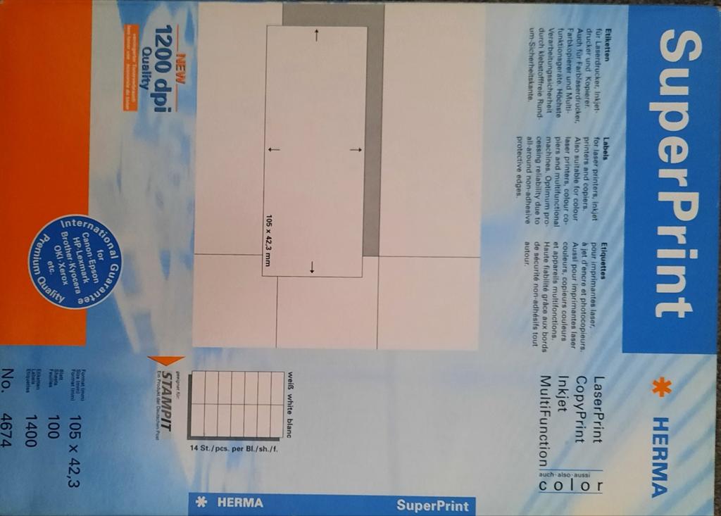 HERMA SuperPrint Etiketten 105 x 42,3 mm - 1400 stuks, Ophalen of Verzenden