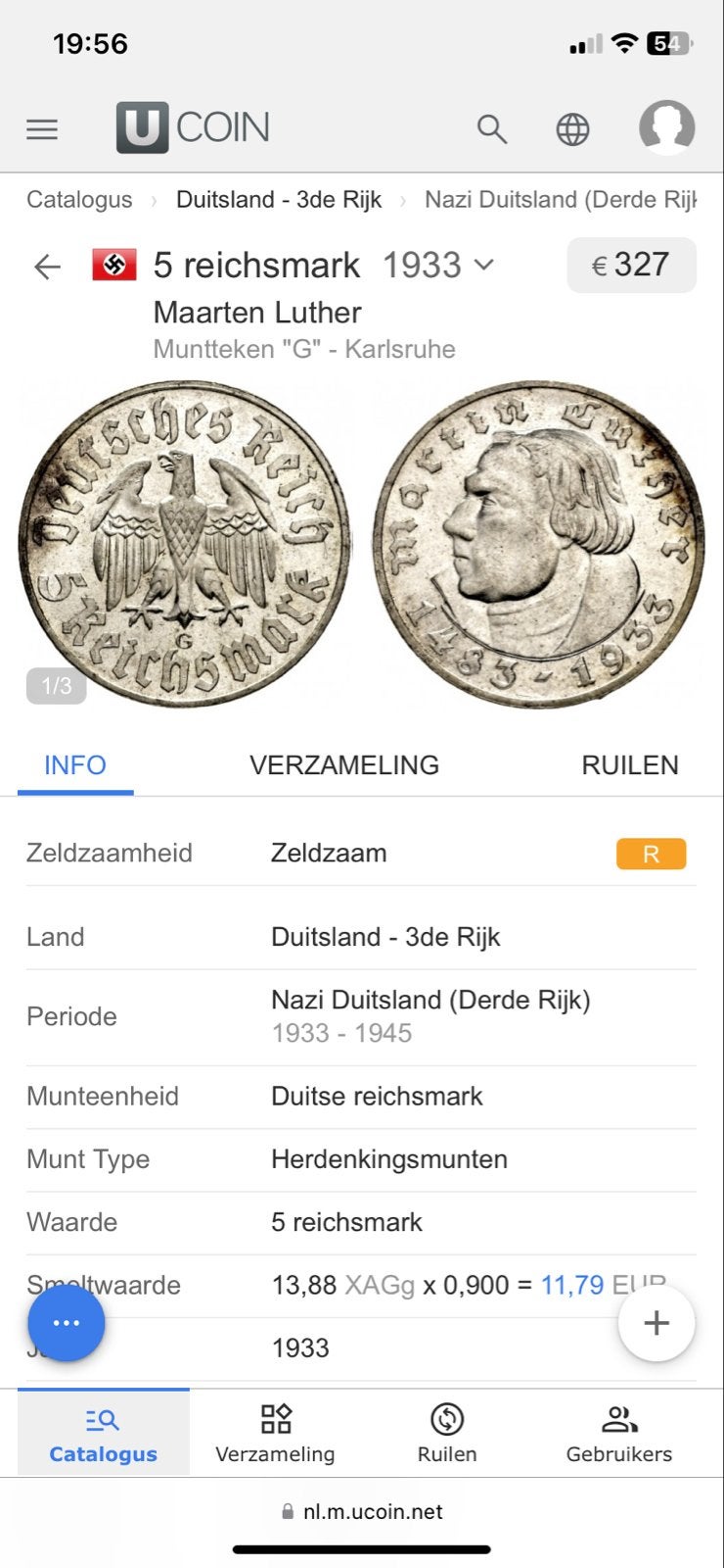 5 Reichsmark 1933 Maarten Luther - Muntteken G (Karlsruhe), Postzegels en Munten, Ophalen of Verzenden, Duitsland, Losse munt