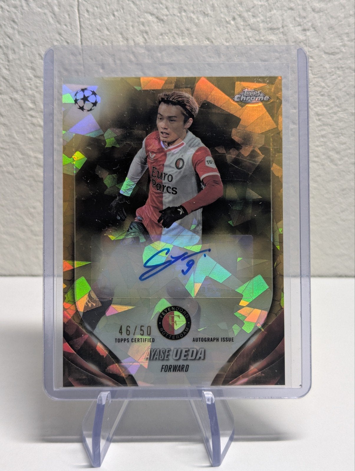 Ayase Ueda Feyenoord Topps Chrome UCC Gold Sapphire Auto, Ophalen of Verzenden, Zo goed als nieuw, Feyenoord, Spelerskaart