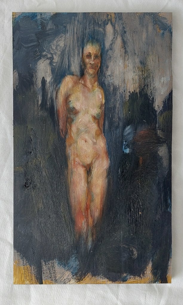Schilderijtje van Staand Vrouwelijk Naakt - Olieverf, Portret of Personen, Ophalen of Verzenden, Olieverf, Klassiek