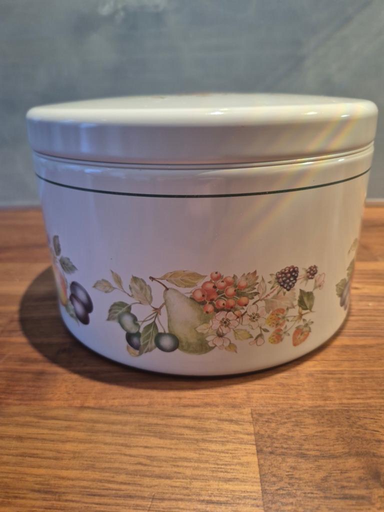 Grote Vintage Brabantia koektrommel met fruitdecoratie, Gebruikt, Ophalen of Verzenden, Voorraadpot, Metaal