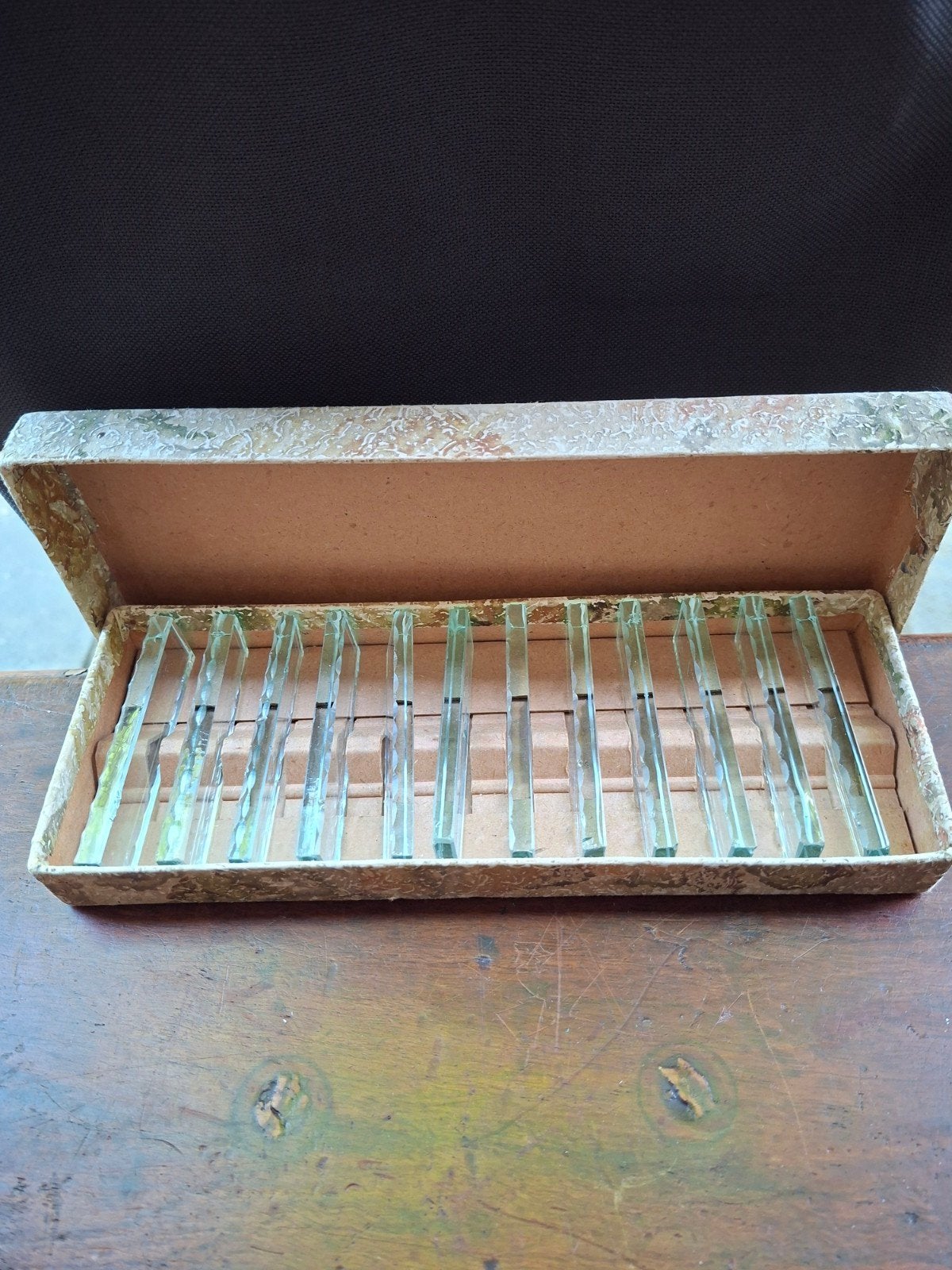 Antieke messenleggers van glas in originele doos, Ophalen of Verzenden