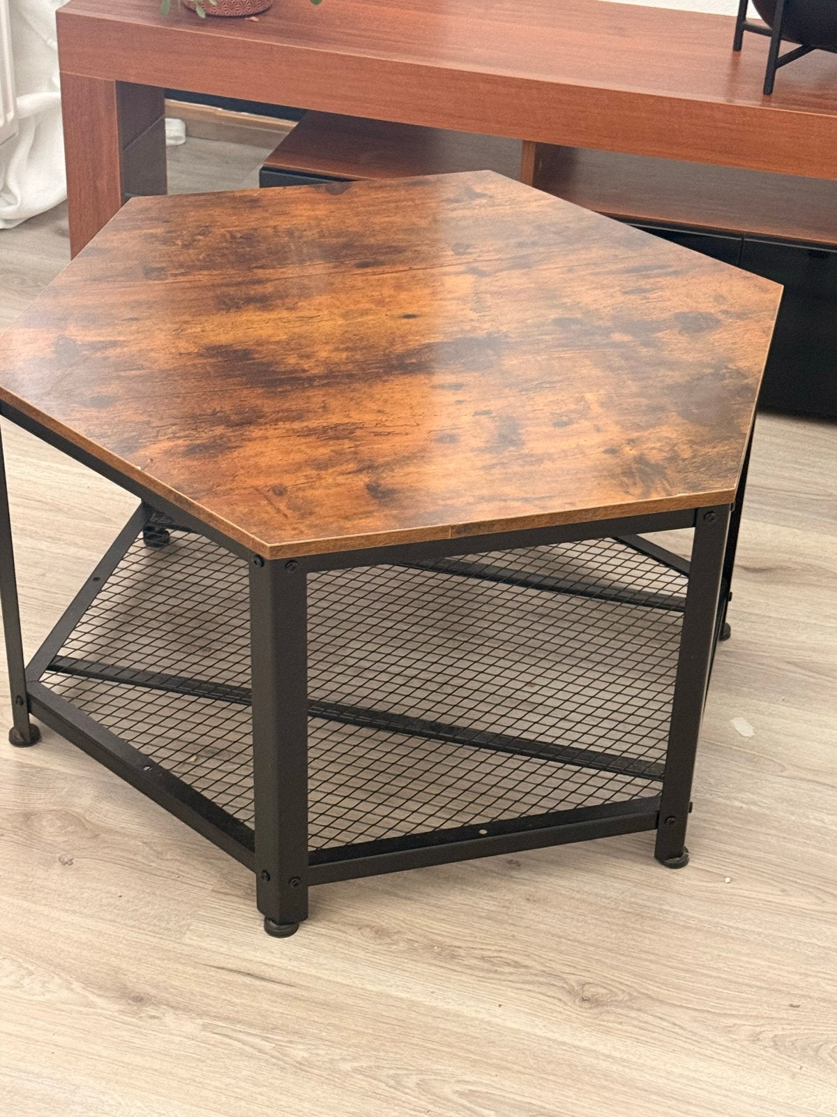 Zeshoekige Salontafel met Industriële Look, Ophalen, 50 tot 100 cm, Zo goed als nieuw, Metaal