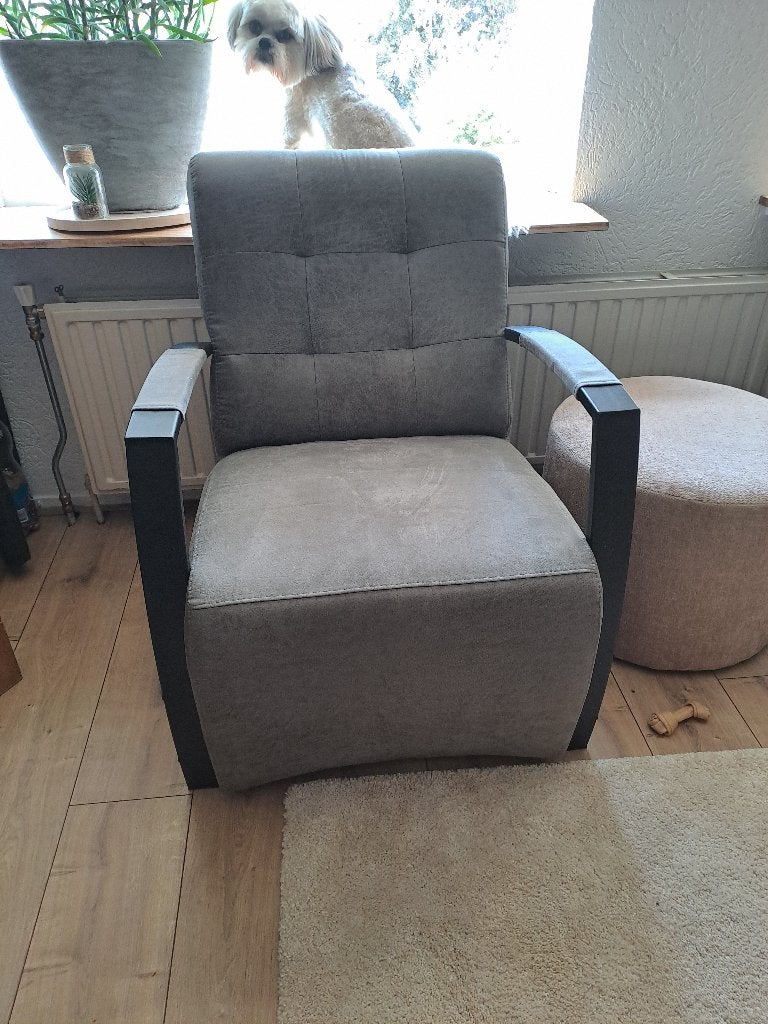 2x Grijze fauteuils - zithoogte 44 cm, Ophalen, Gebruikt, Minder dan 75 cm, Stof