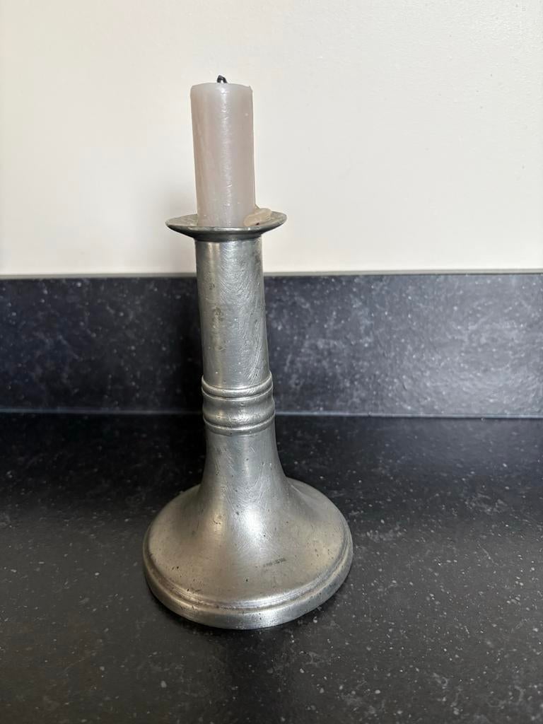 Zilvertinnen kandelaar - 14 cm hoog, Ophalen of Verzenden
