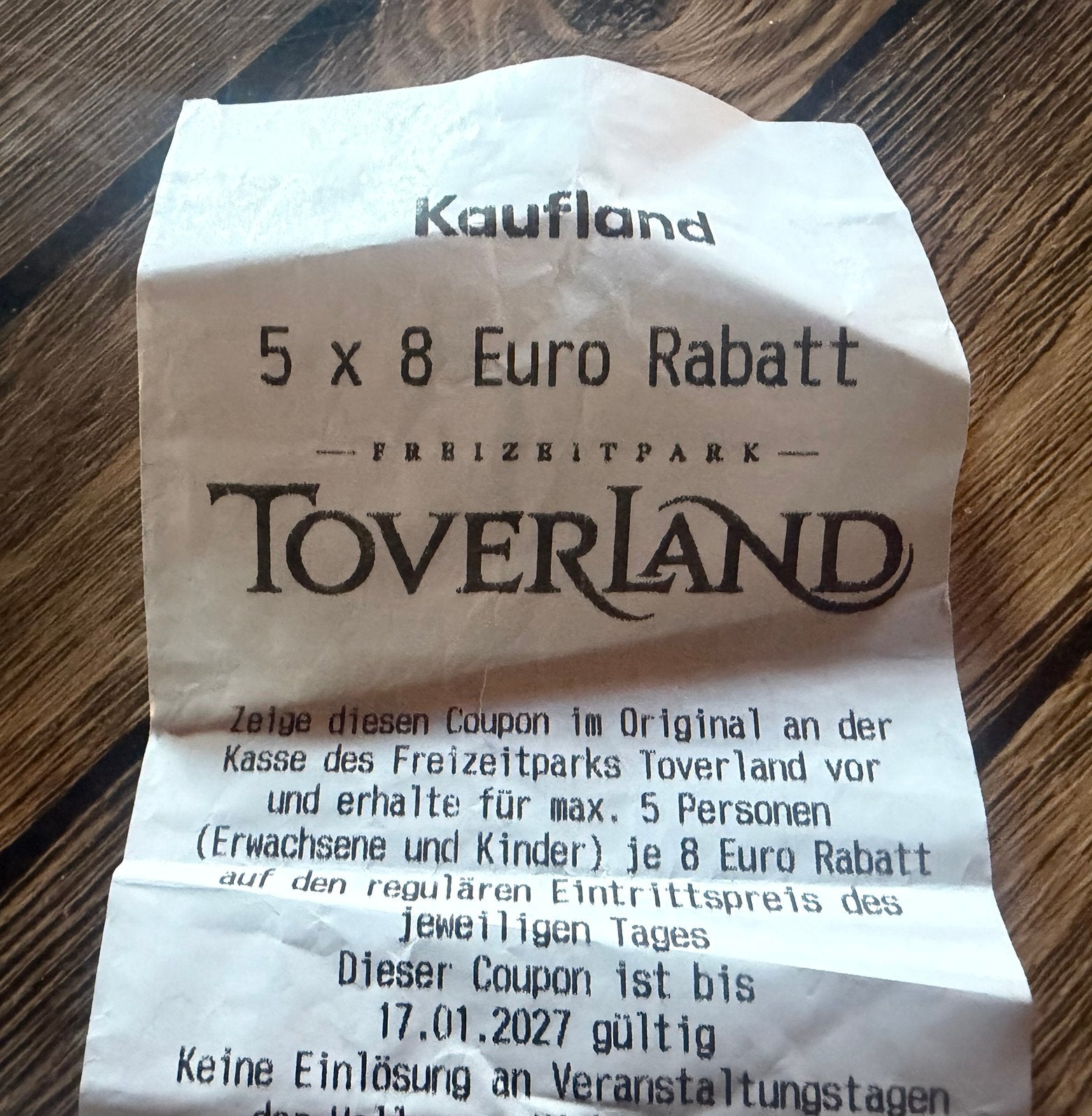 Toverland kortingsbon 5x 8 euro p bon voucher coupon, Drie personen of meer, Kortingskaart