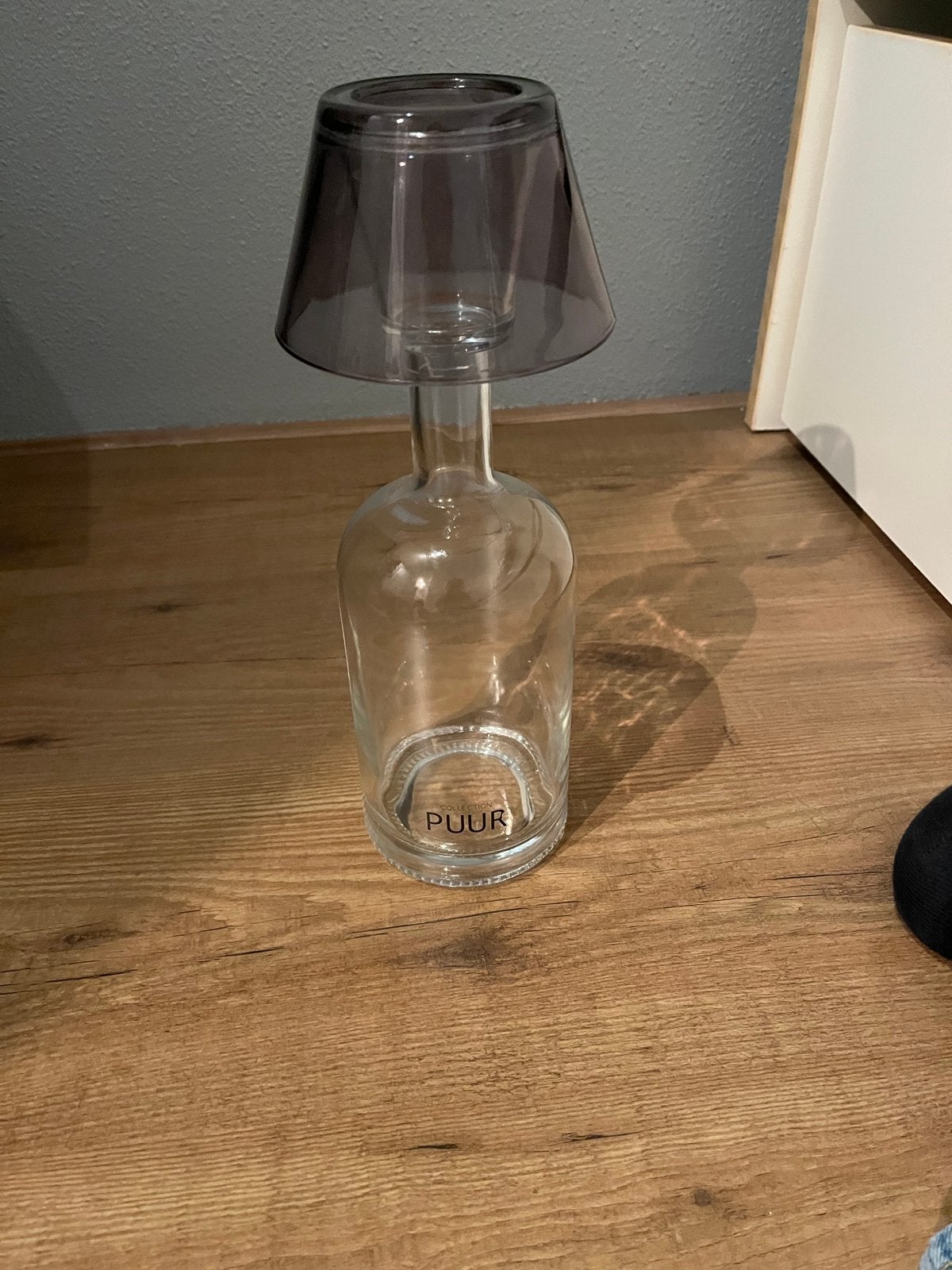 Puur glazen fles met theelichthouder, Verzenden, Zo goed als nieuw, Grijs, Glas