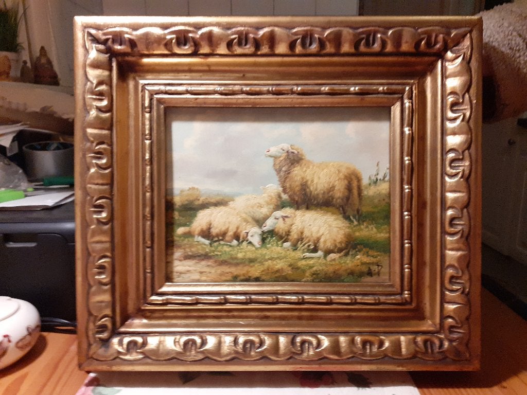 Fraai olieverfschilderij "De Schapen" in sierlijst, Antiek en Kunst, Paneel, Realistisch, Bijzondere lijst, Dieren