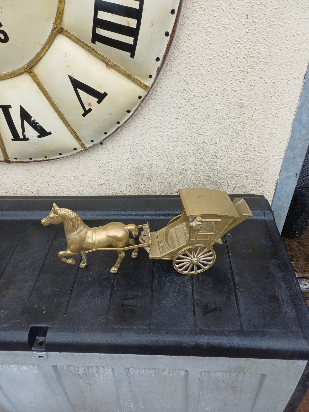 antieke grote koperen bronzen paard  met koets zie foto's, Ophalen