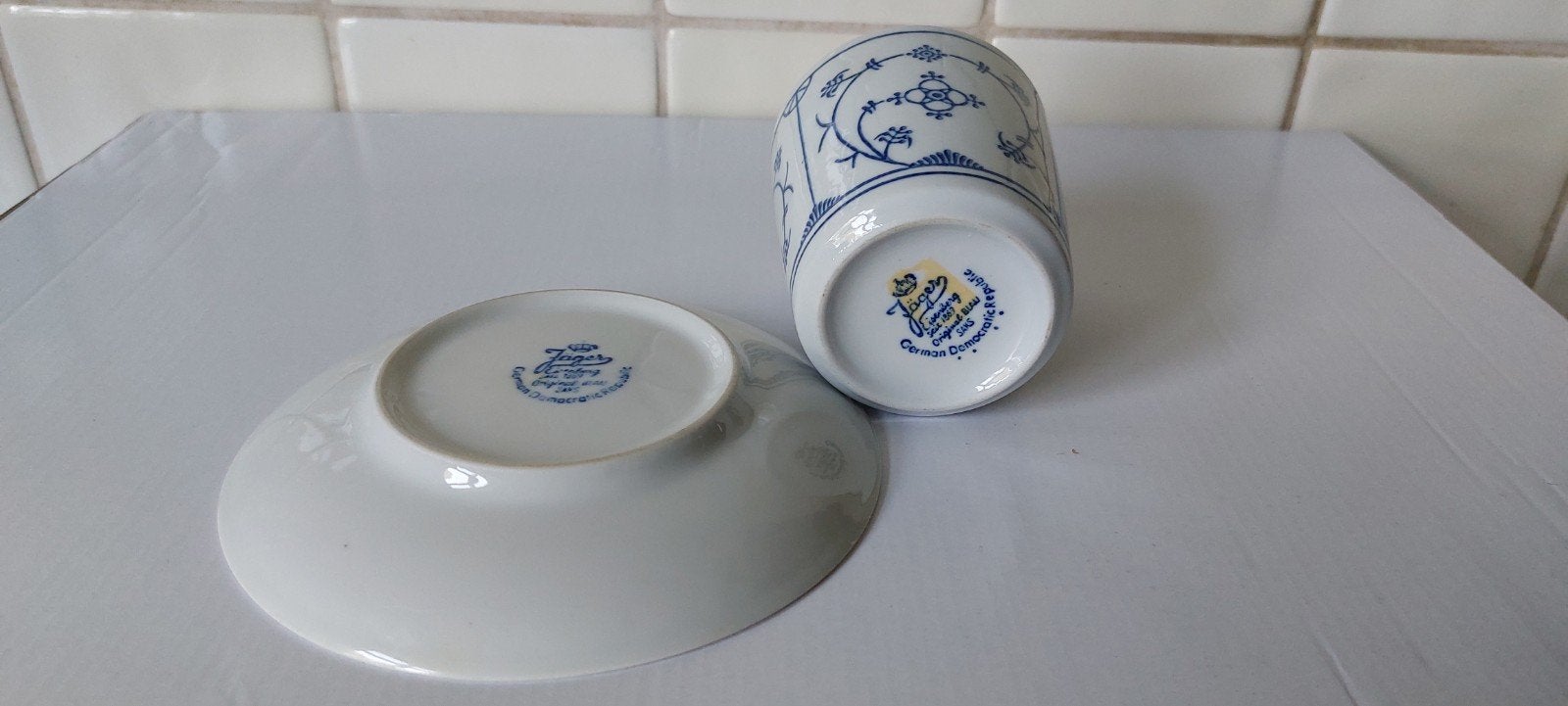 Jäger origineel Blau Saks mok/lepelvaasje met schotel, Ophalen of Verzenden
