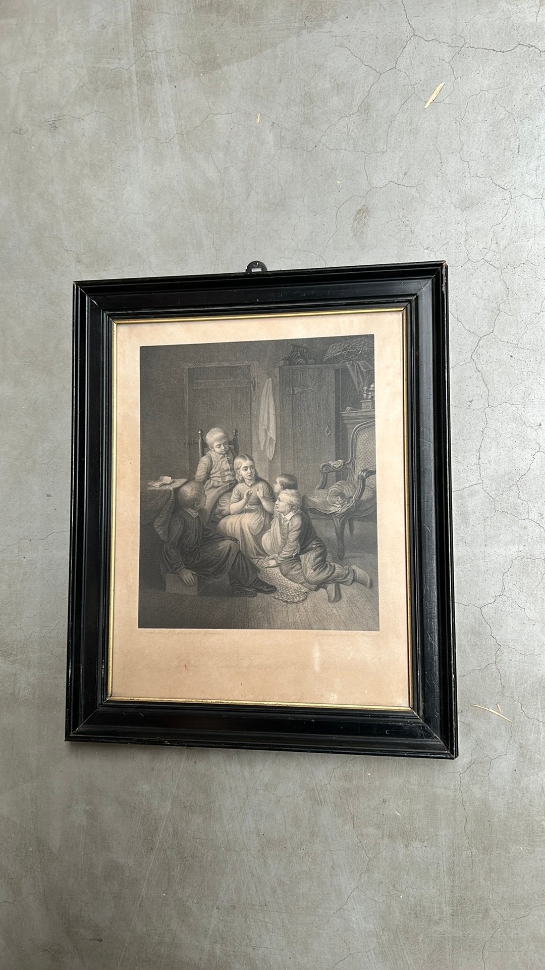 Antieke Gravure uit 1840: Kinderen bij Grootmoeder, 1800 - 1899, Ophalen of Verzenden, Gravure, Ingelijst