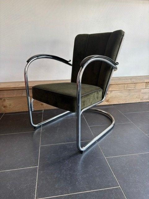Gispen 412 fauteuil, hoogglans , nieuwe mosgroene ribstof, Design, 75 tot 100 cm, Zo goed als nieuw, Stof