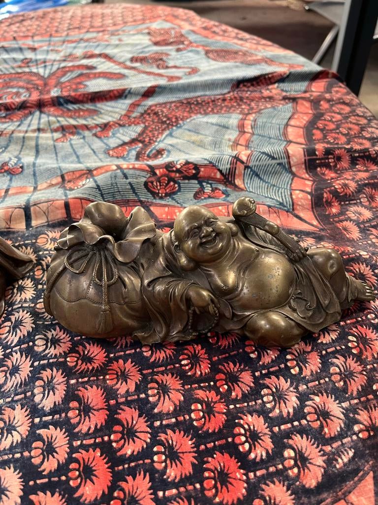 Bronzen Boeddha beeld - Lachende Boeddha met geldbuidel, Ophalen of Verzenden, Gebruikt