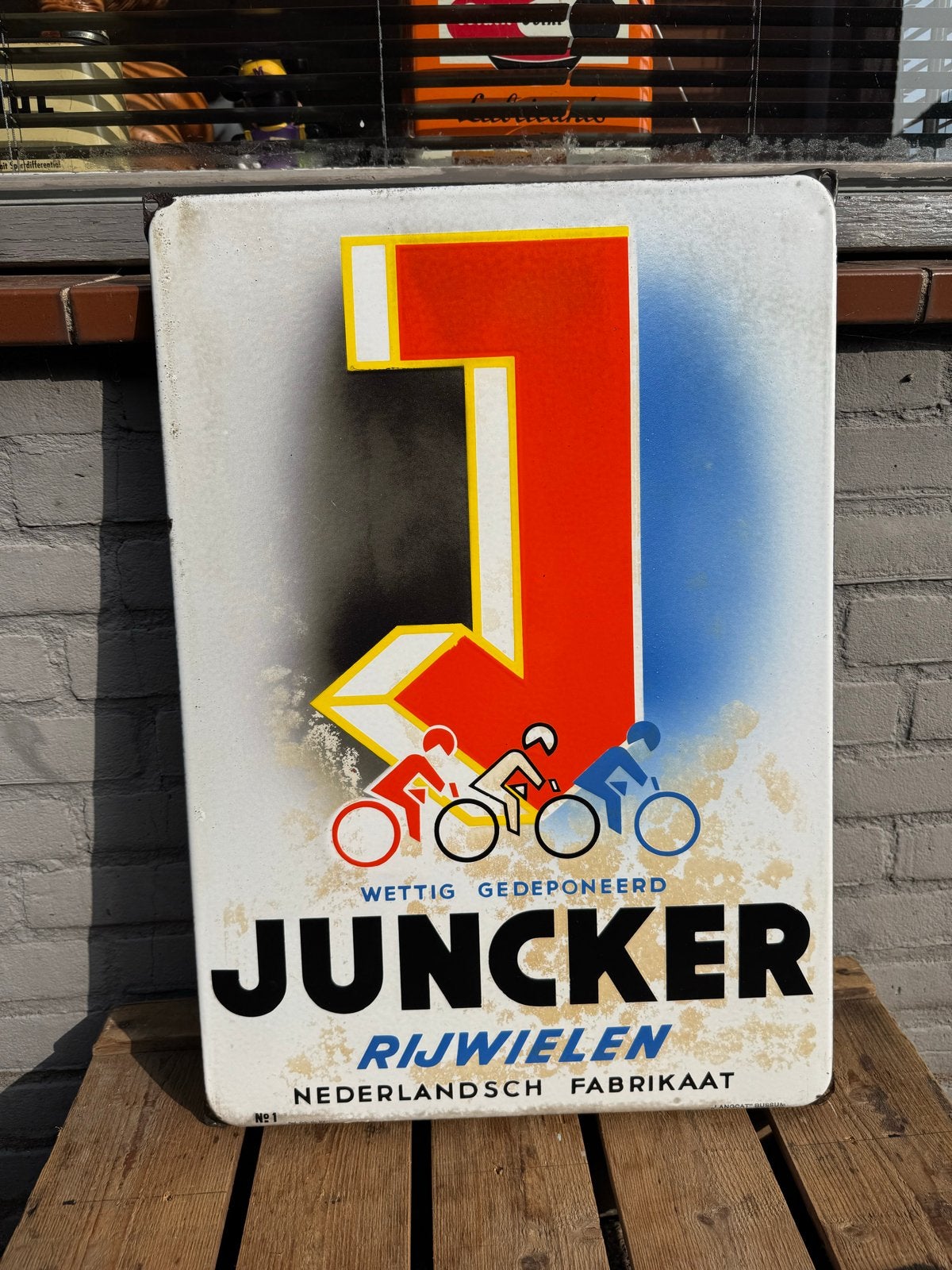Vintage Juncker Rijwielen Emaille Reclamebord, Ophalen