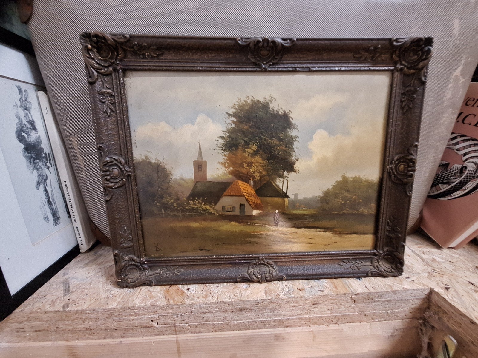 Klassiek Hollands Landschap met Kerk en Molen, Antiek en Kunst, Paneel, Ophalen of Verzenden, Olieverf, Klassiek