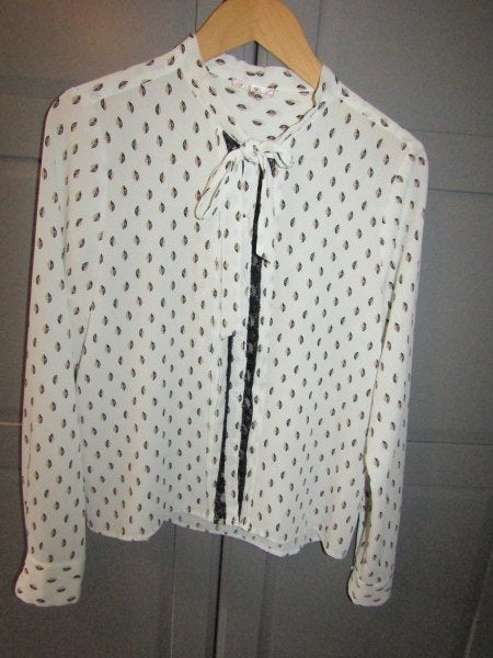 G959 Esqualo mt 38 blouse wit beige zwart chiffon strik kant, Maat 38/40 (M), Verzenden, Wit, Esqualo
