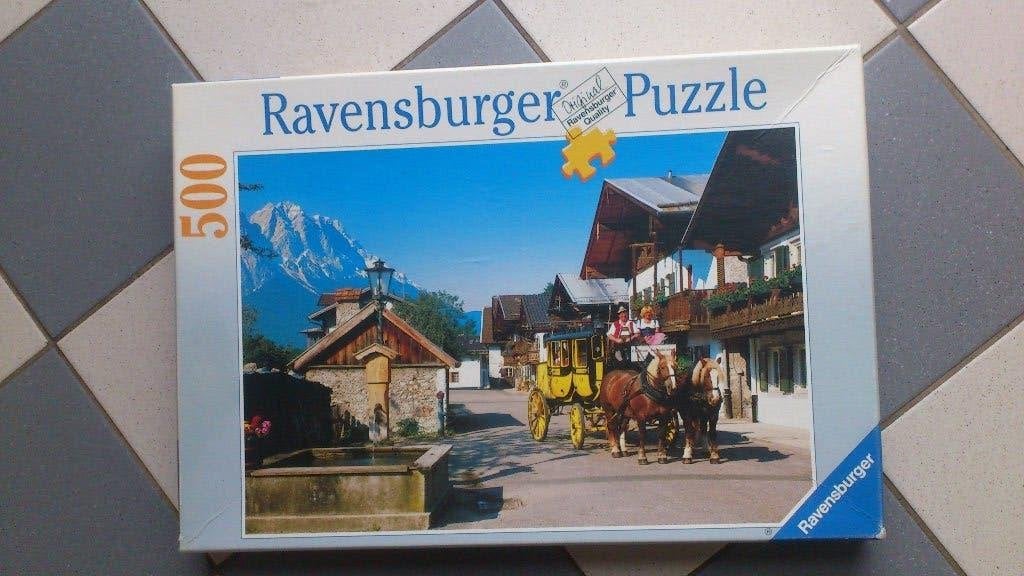 Vintage Ravensburger - Alpentafereel met paardenkoets - 500, Ophalen, 500 t/m 1500 stukjes, Gebruikt, Legpuzzel