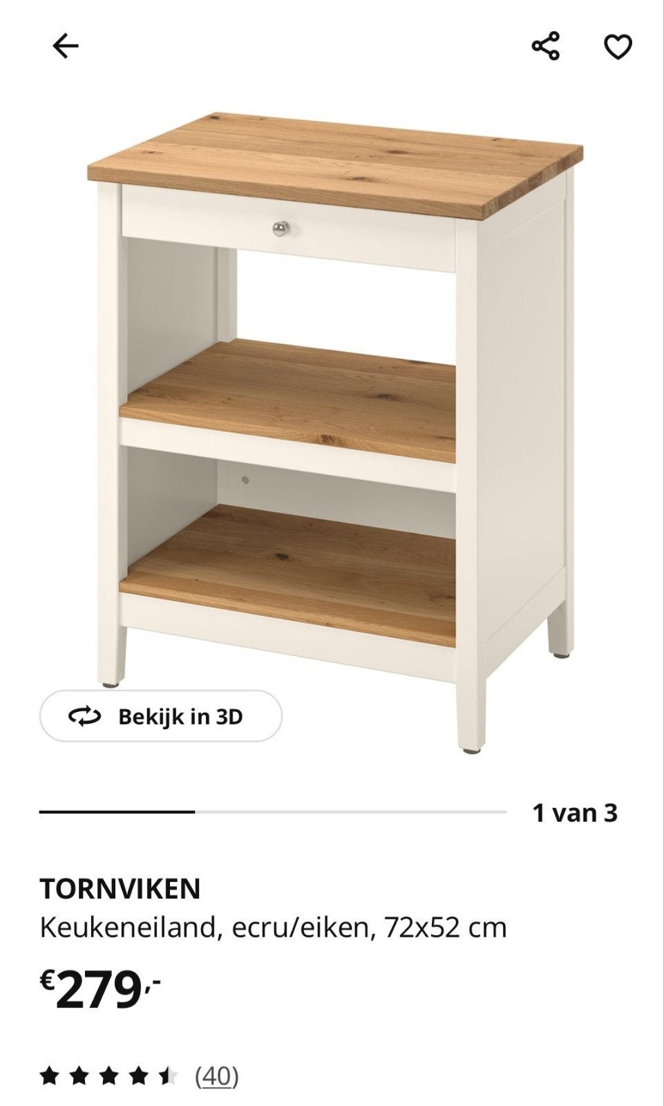 TORNNVIKEN Keukeneiland, grijs met eiken blad, 72x52 cm, Ophalen, Hout, IKEA, Keukentrolley