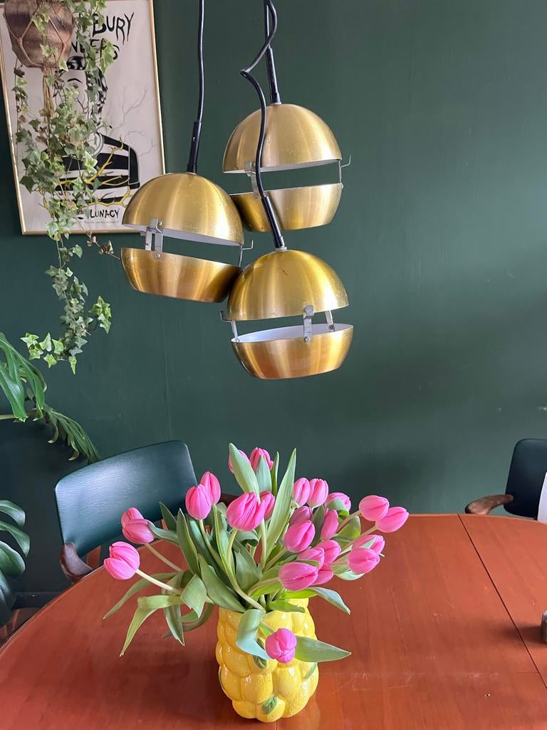 Vintage Space Age Hanglamp Goud - 3 Kelken, Ophalen, Gebruikt, Metaal, 75 cm of meer