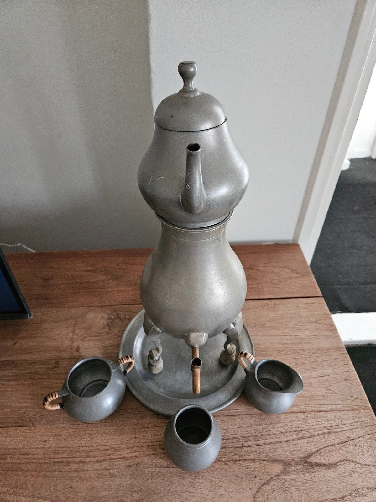 Antieke tinnen koffie- of theeservies met brander, Antiek en Kunst, Antiek | Tin, Ophalen of Verzenden