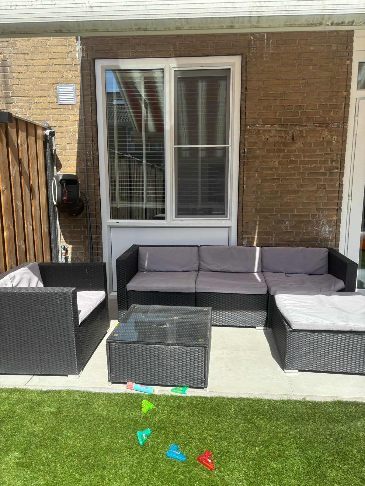 Wicker loungeset met tafel & Opbergkist  - Zwart/Grijs, Tuin en Terras, Ophalen, 5 zitplaatsen, Gebruikt, Loungeset