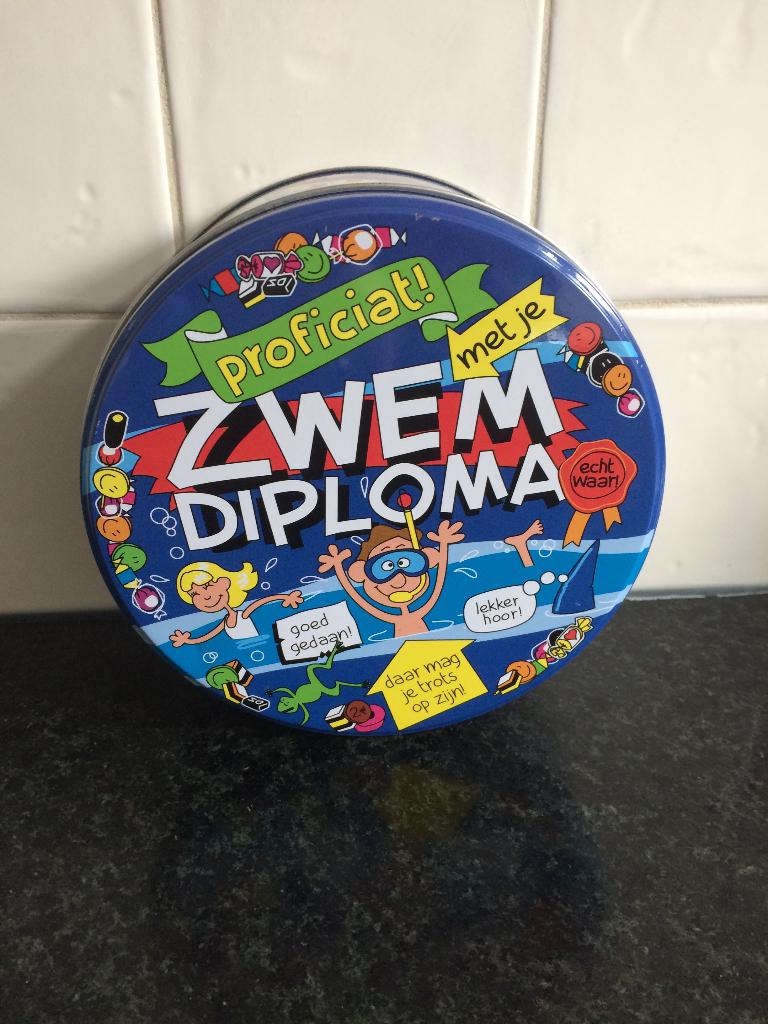 proficiat met je zwemdiploma - blik - snoepblik - zgan, Ophalen of Verzenden, Zo goed als nieuw, Overige typen, Overige