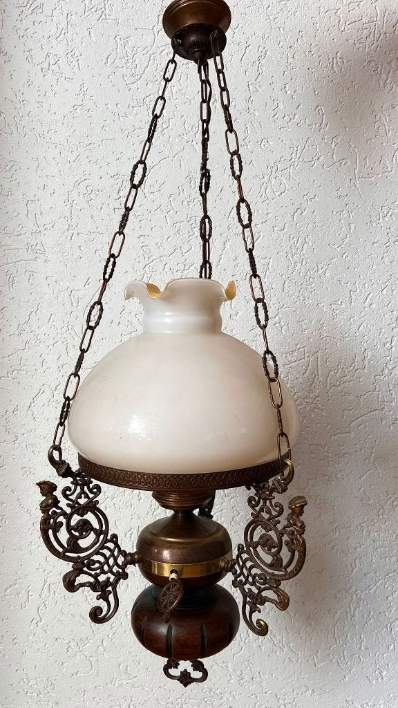 antiek hanglamp, lamp met kap, olielamp met hout, Antiek en Kunst, Ophalen