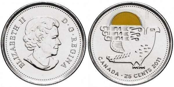 Canada - 2 x 25 cents 2011 - color Peregrine Falcon / bu Fal, Verzenden, Noord-Amerika, Losse munt