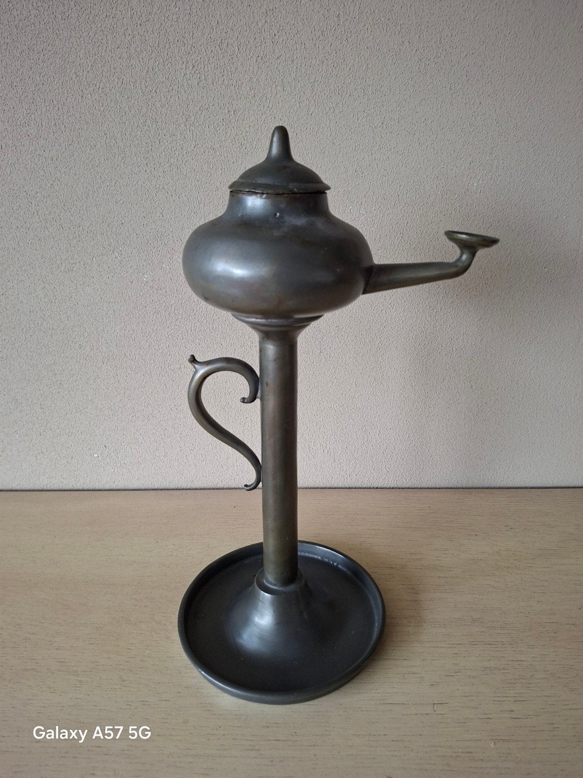 Antieke tinnen olielamp met handvat, Ophalen of Verzenden