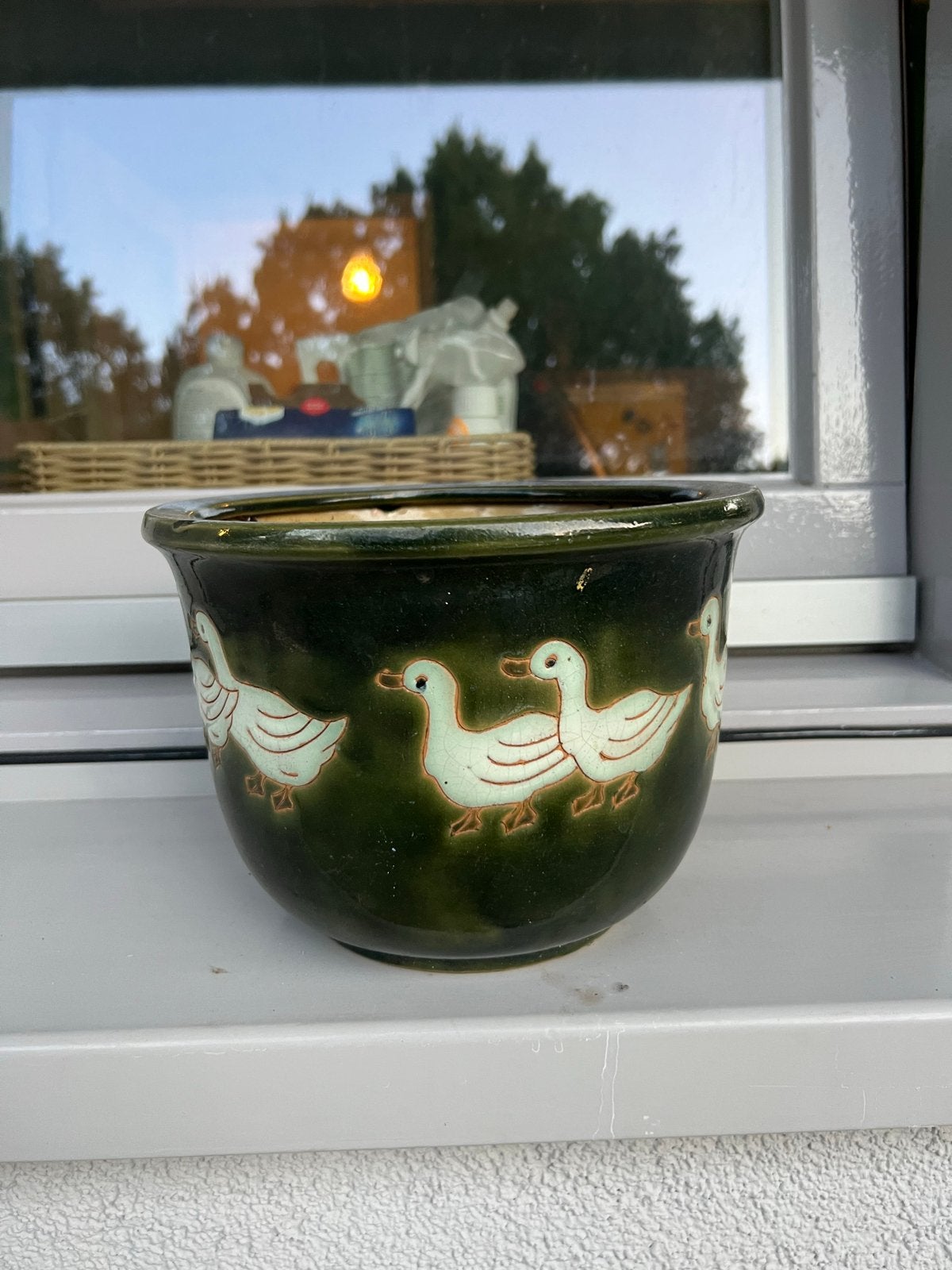 Groene plantenpot met eendjes, Rond, Ophalen of Verzenden, Aardewerk, Minder dan 40 cm