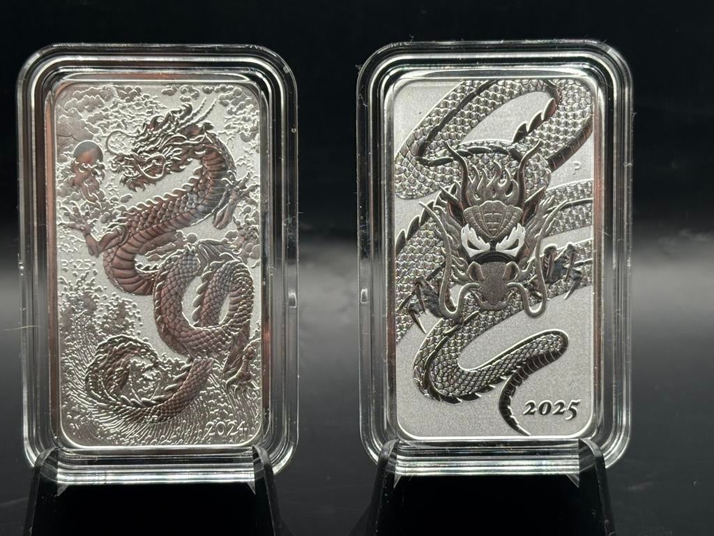 Dragon rectangular zilver baartje 1oz per stuk - 2024 + 2025, Ophalen of Verzenden, Zilver
