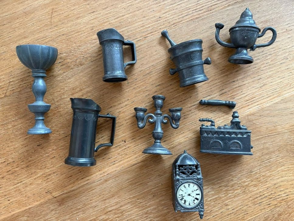 Antieke tinnen miniatuur huishoudelijke voorwerpen, Antiek en Kunst, Ophalen of Verzenden
