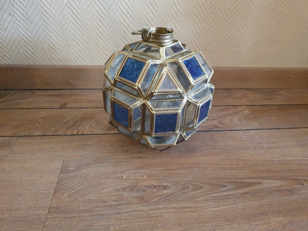 Vintage Moorse stijl lantaarn – blauw glas & messing montuur, Ophalen of Verzenden