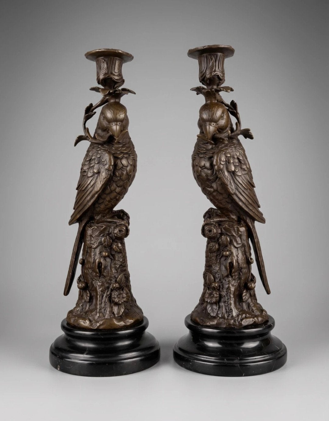 Antieke bronzen papegaai kandelaars (paar), Ophalen of Verzenden, Koper of Brons