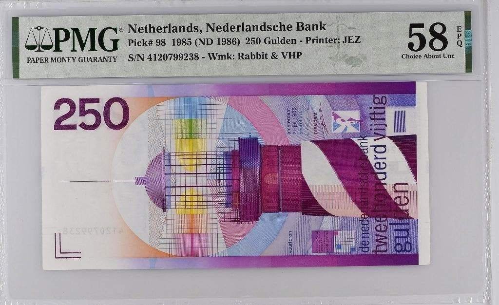 Heel mooi biljet 250 gulden Vuurtoren, 1985 | PMG 58 EPQ, Ophalen of Verzenden, 250 gulden