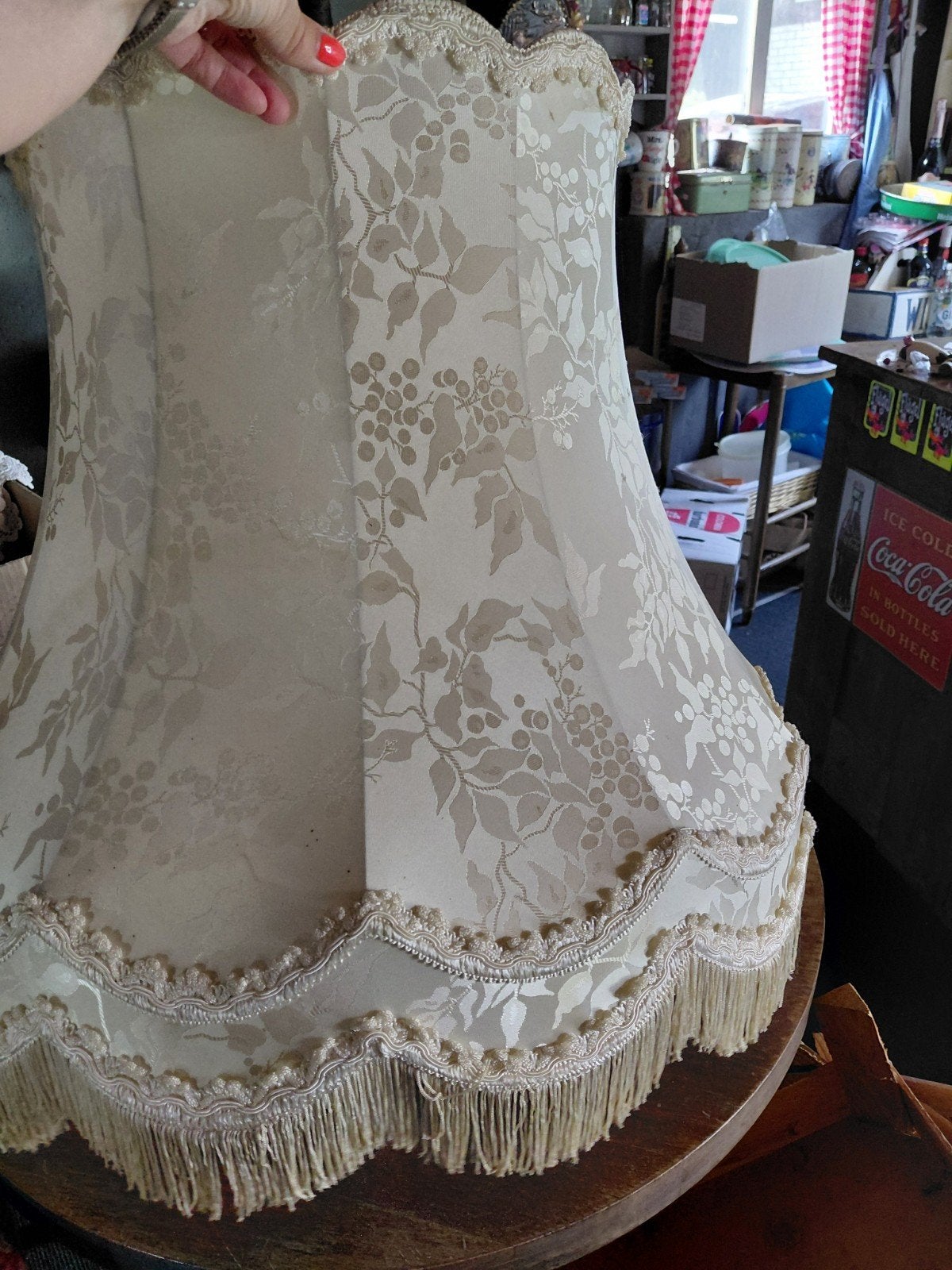 Vintage lampenkap met franjes - Crème/Beige, Ophalen, Gebruikt, 35 cm, Beige