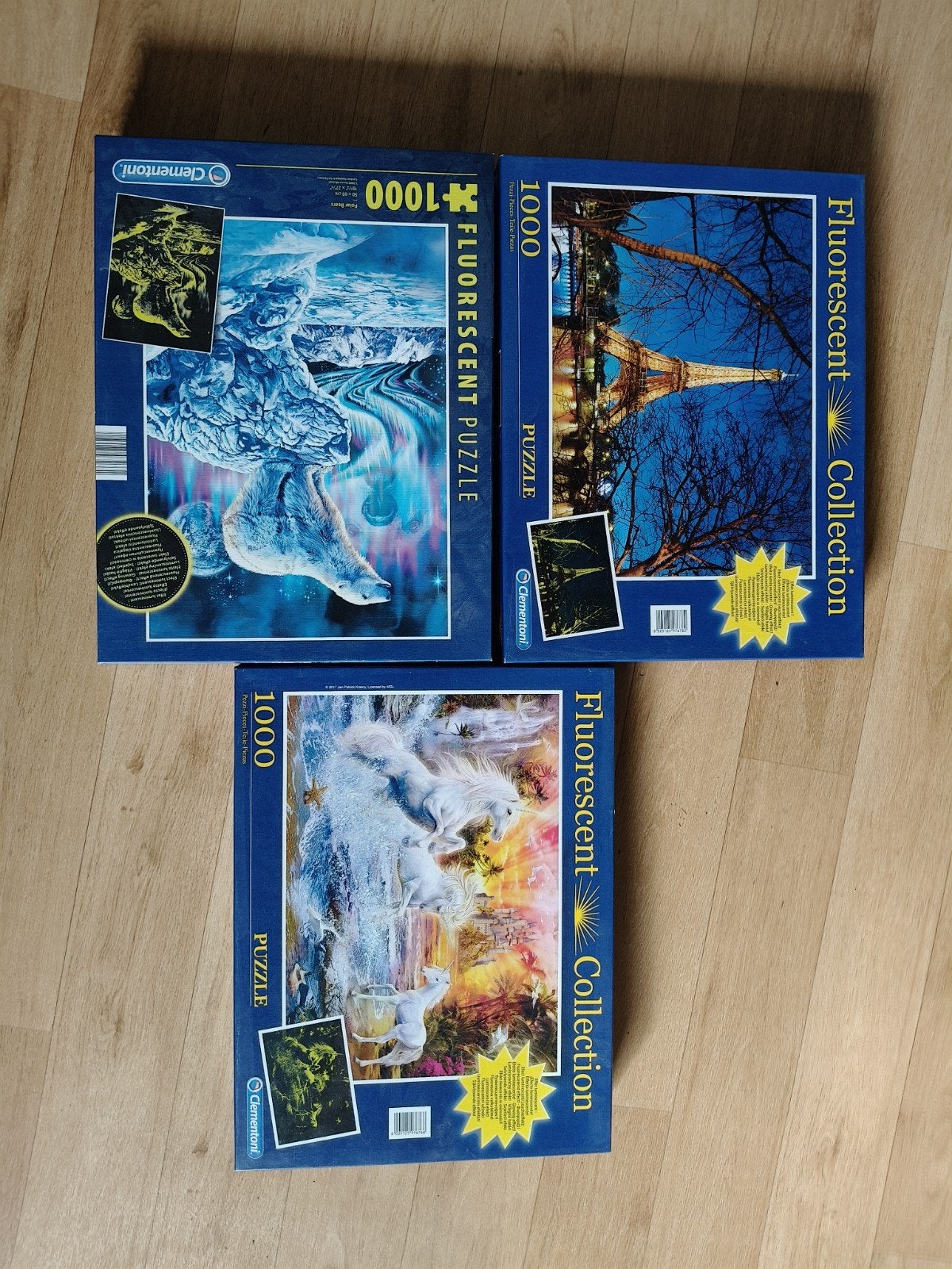 3 Clementoni Fluorescerende Puzzels - 1000 Stukjes, Een of twee spelers, Ophalen of Verzenden, Gebruikt, Clementoni
