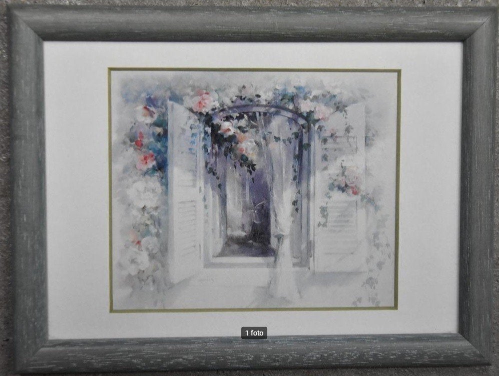 schilderij woon romantiek aquarel tuin buiten lijst 17x22cm, Ophalen of Verzenden, Zo goed als nieuw, Hout