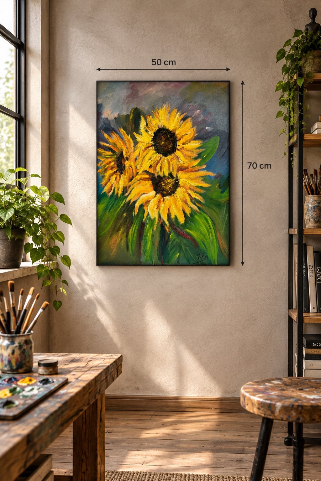 Schilderij Zonnebloemen - Olieverf op doek, Bloemen, Doek, Realistisch, Ophalen of Verzenden