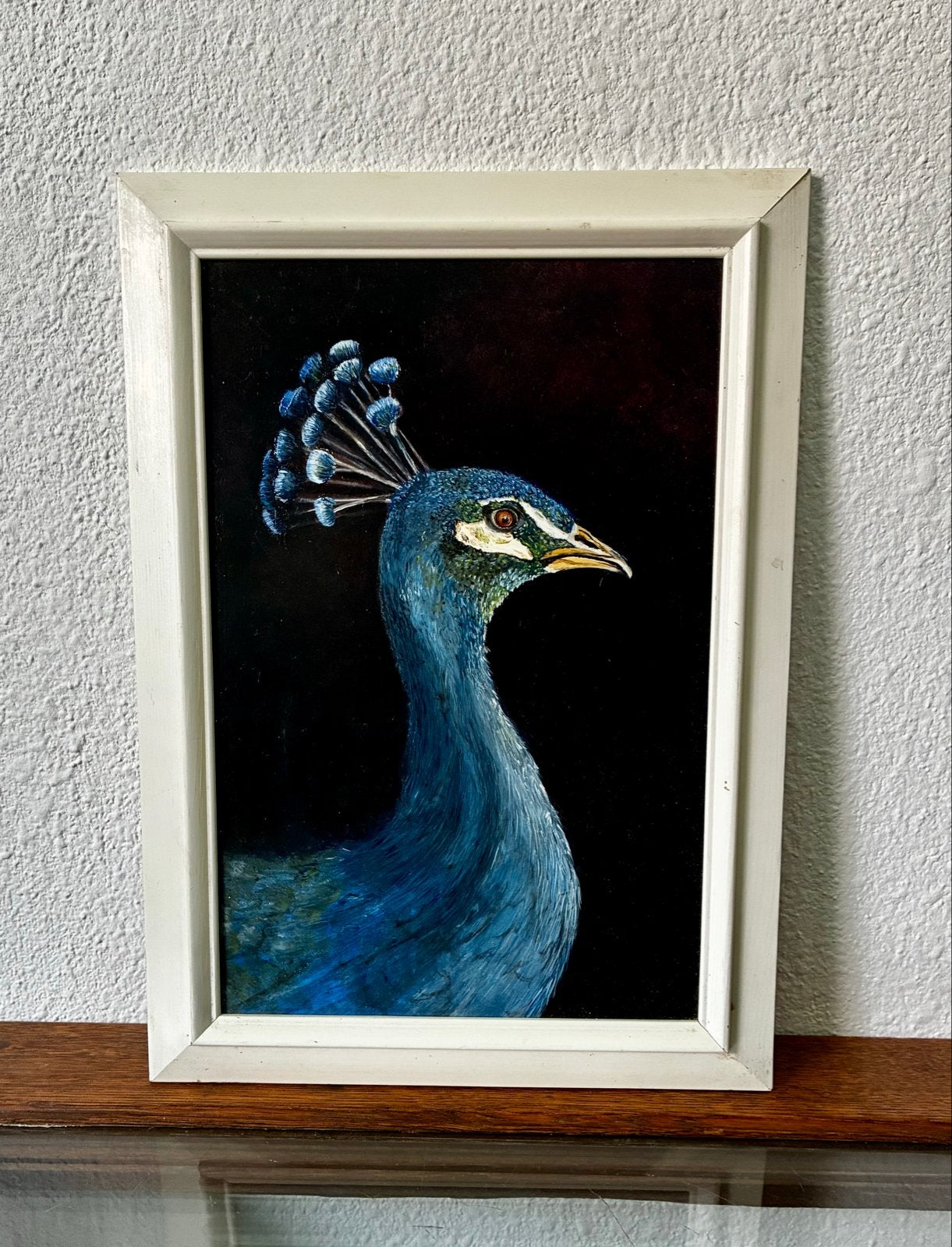 Handgemaakt olieverfschilderij pauw op muspaneel 20x30 cm, Paneel, Dieren, Ophalen of Verzenden, Handgeschilderd