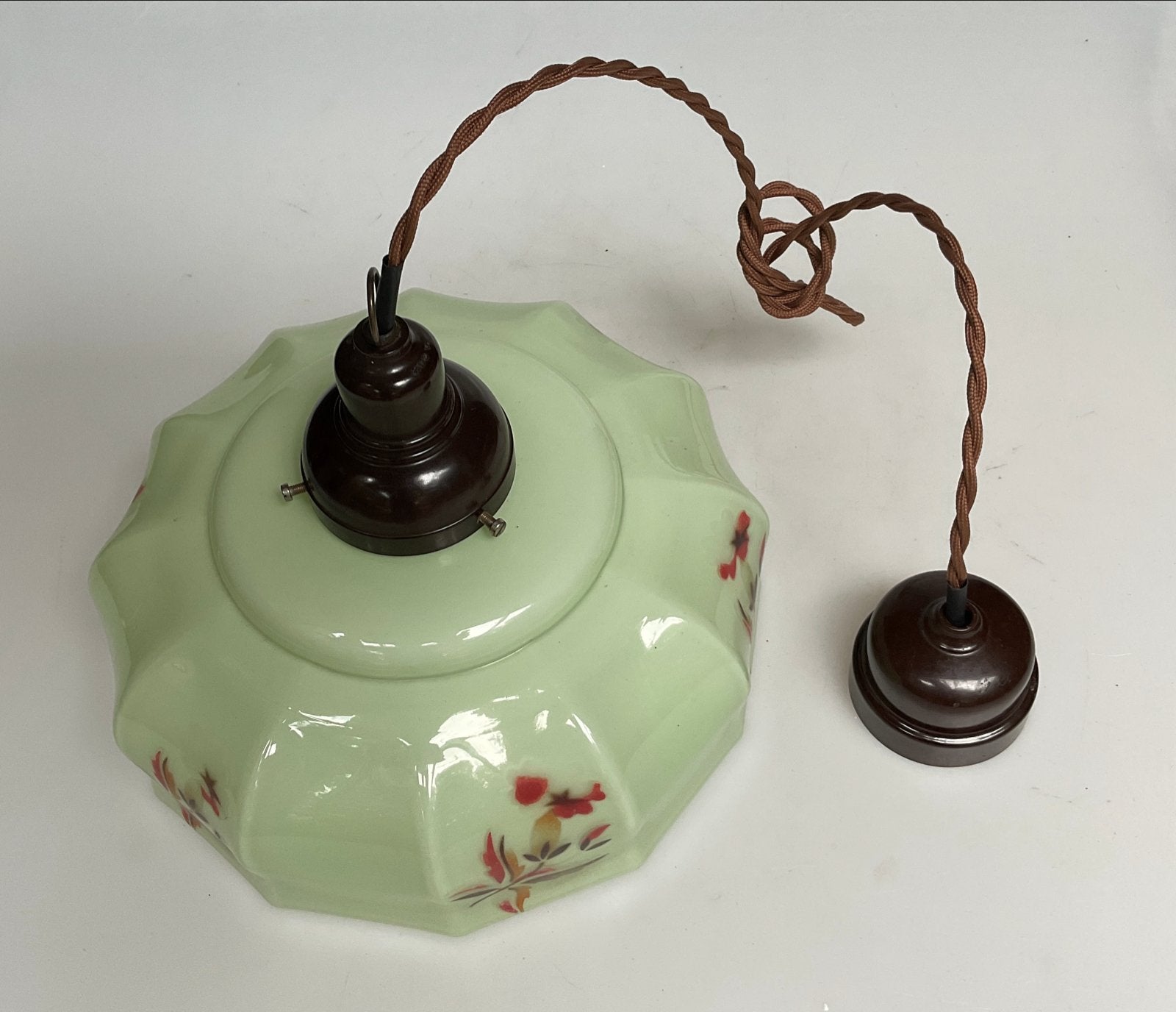 Vintage Art Deco Plafondlamp - Melkglas met Bloemmotief, Antiek en Kunst, Ophalen of Verzenden