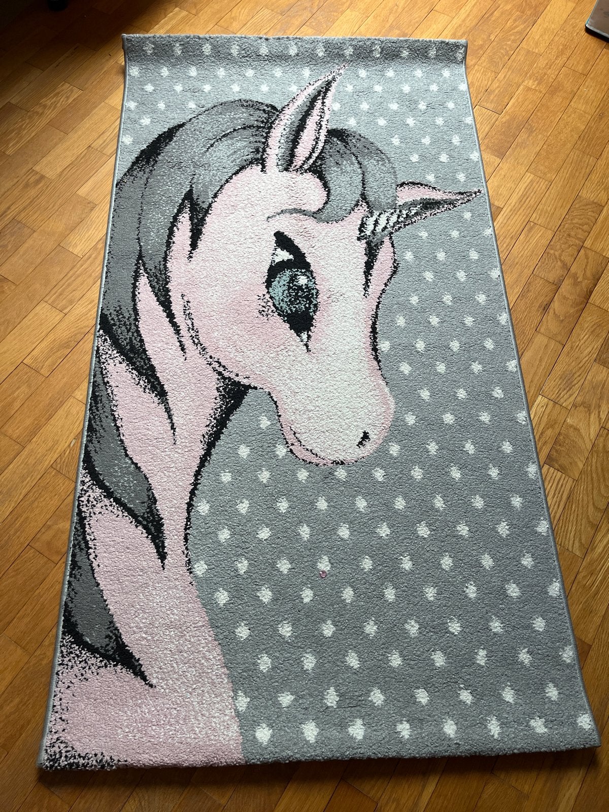 Eenhoorn vloerkleed 150x80 cm - Grijs/Roze, Ophalen, Gebruikt, 100 tot 150 cm, 50 tot 100 cm