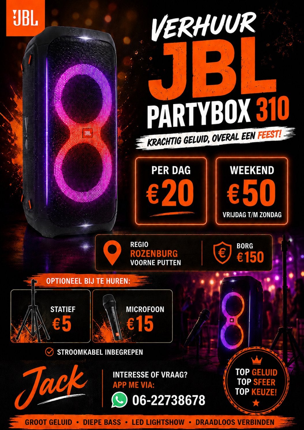 TE HUUR JBL PARTYBOX 310 €50 per weekend, Ophalen, Zo goed als nieuw, Overige