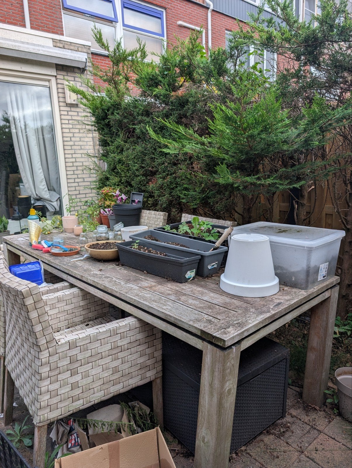 Houten tuintafel met 6 stoelen, Tuin en Terras, Bloembakken en Plantenbakken, Gebruikt, 100 cm of meer, Ophalen of Verzenden, 60 cm of meer