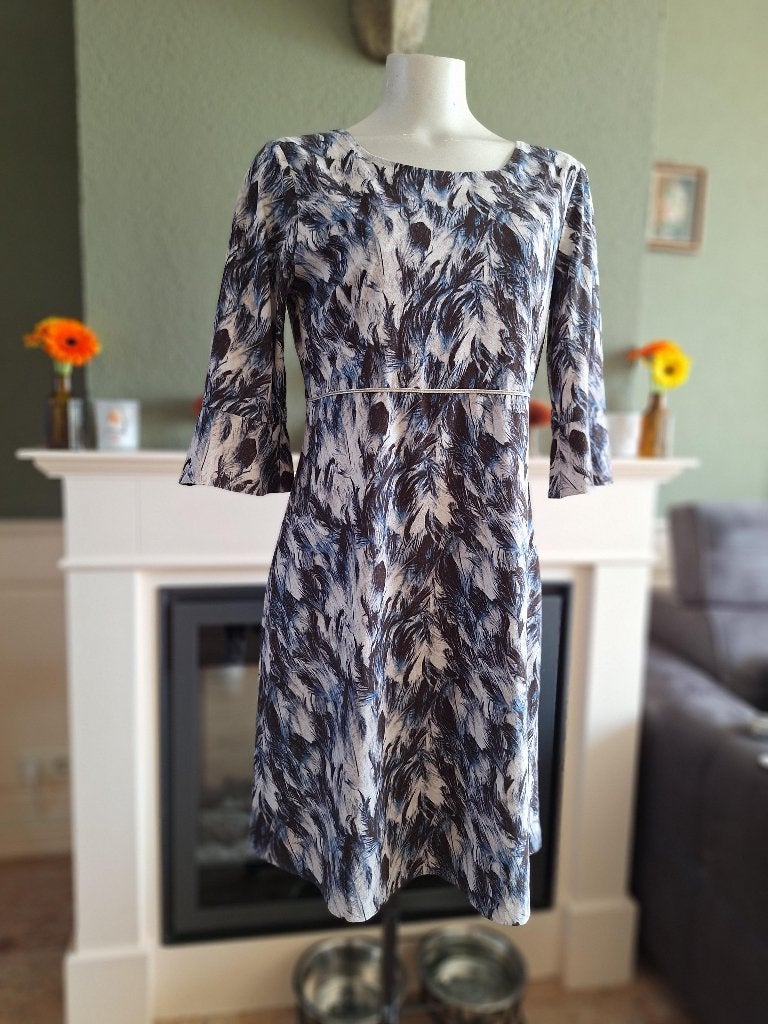Senso suèdine grijs blauw trompet mouw jurk 38 M, Maat 38/40 (M), Senso, Zo goed als nieuw, Knielengte