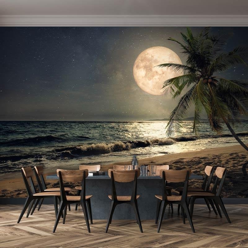 Fotobehang / Behang - Palmboom - Zee - Strand bij Volle Maan, Info@fotobehangkoning.nl, Fotobehang, 5 tot 10 m², Fotobehangkoning.nl