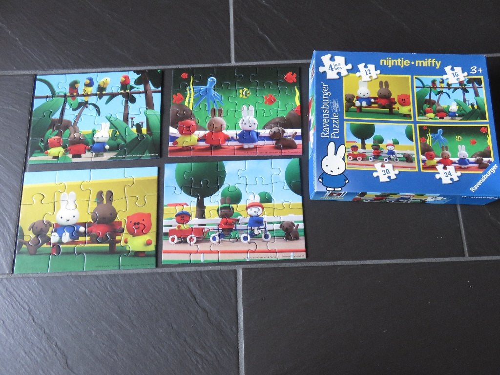 Nijntje Miffy 4 in a box puzzels 12, 16, 20 en 24stukjes., Ophalen of Verzenden, 10 tot 50 stukjes, Zo goed als nieuw, 2 tot 4 jaar