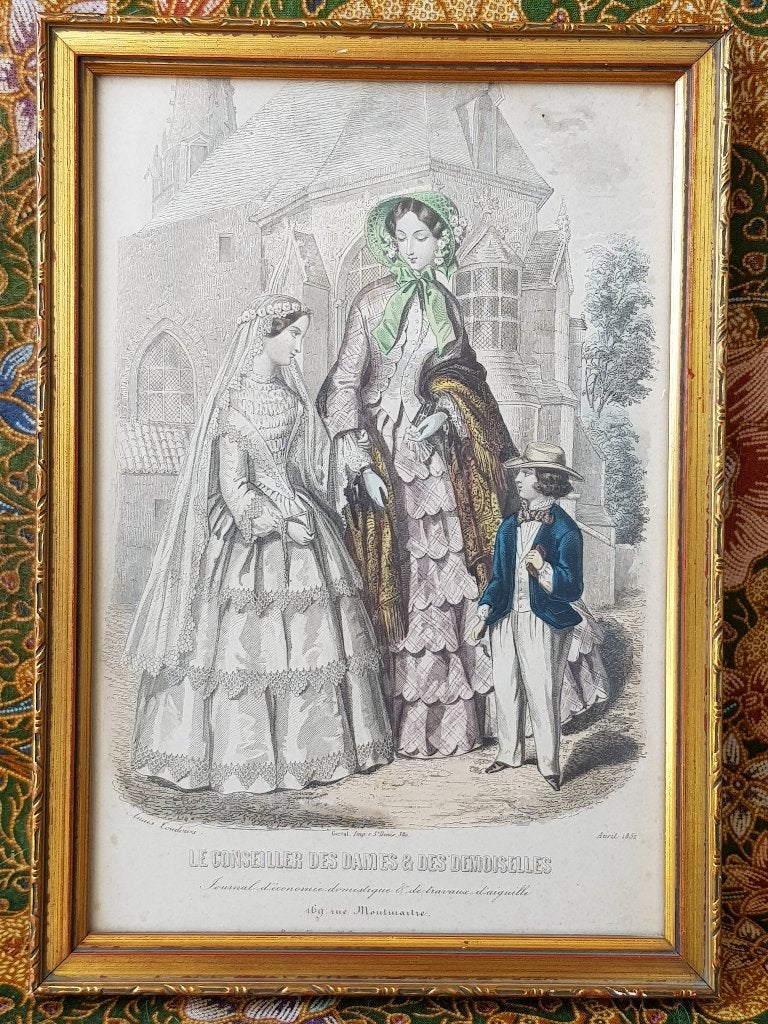 Twee mooie antieke ingelijste mode gravures uit Frankrijk., Antiek en Kunst, Kunst | Etsen en Gravures, 1800 - 1899, Ingelijst