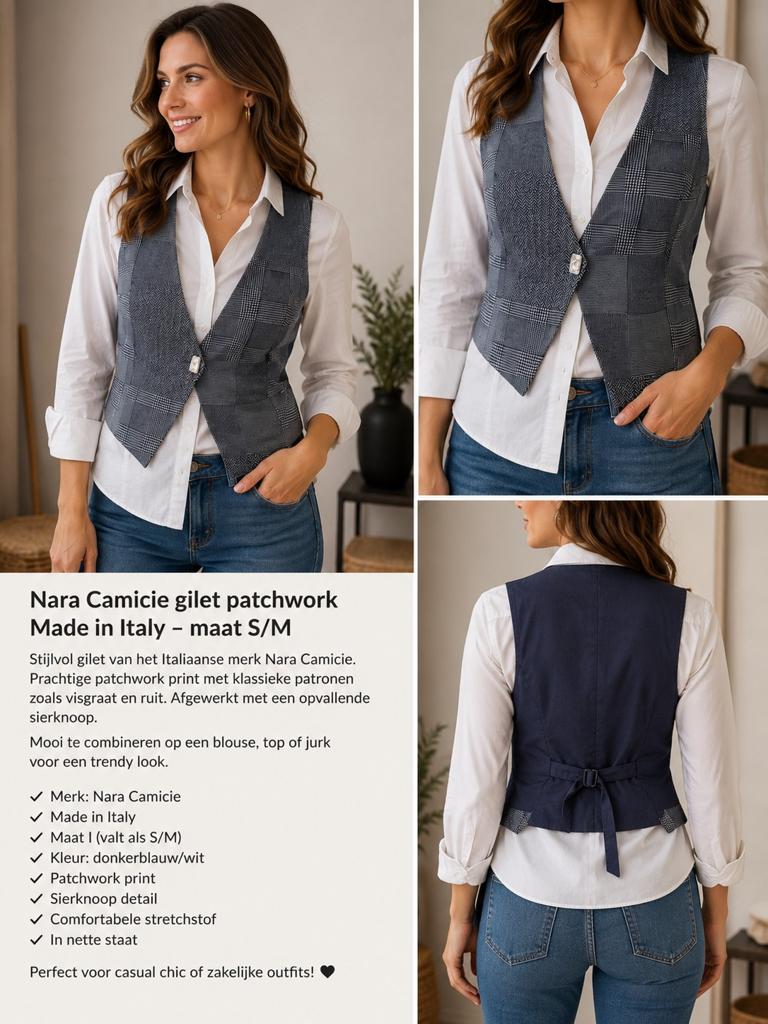 Nara Camicie patchwork gilet – Made in Italy – maat S/M, Maat 38/40 (M), Blauw, Ophalen of Verzenden, Zo goed als nieuw