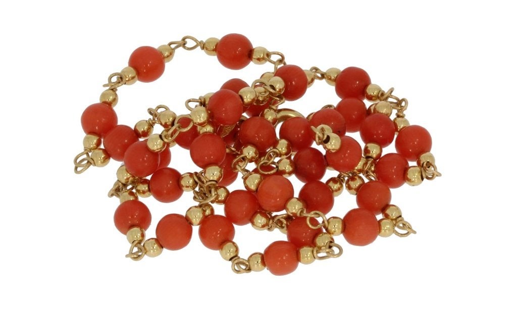 Bloedkoraal bolletjes 18k gouden vintage dames ketting retro, Ophalen of Verzenden, Goud, Ketting, Met edelsteen